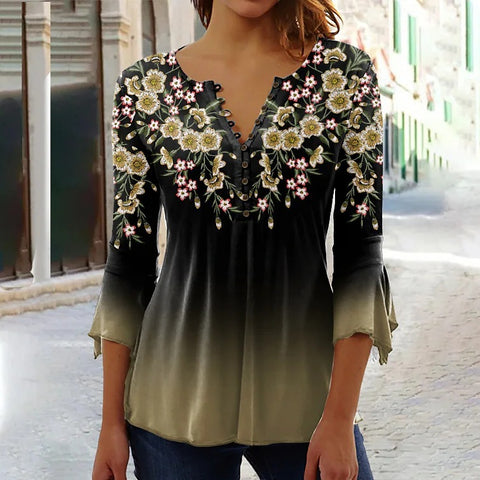 Fashion Ruili floral print V-neck three-quarter sleeve T-shirt m300035