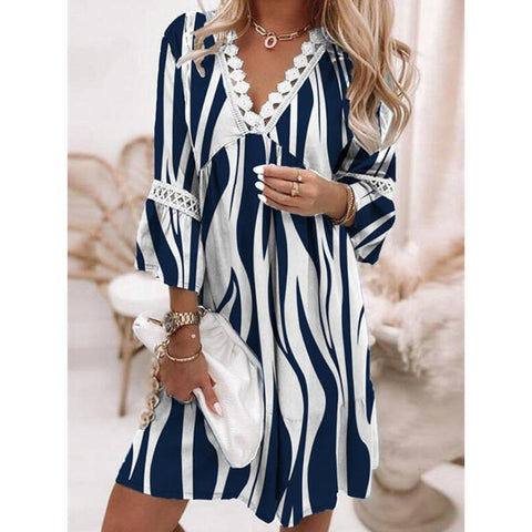 V-neck Printed Lace Stitching Bohemian Casual Vacation Style Dress M300213