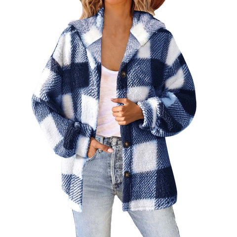 Printed plaid hooded button jacket plush thermal jacket women m300438