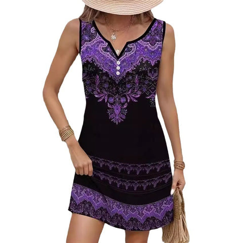 Printed suspender fashion casual V-neck button sleeveless dress m300105