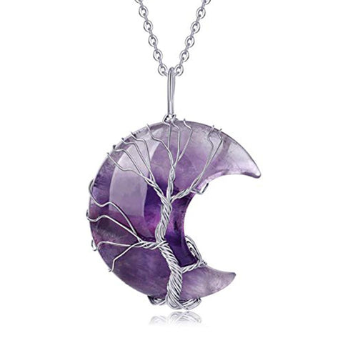 Natural amethyst moon tree of life pendant, crystal fortune tree jewelry m3331252