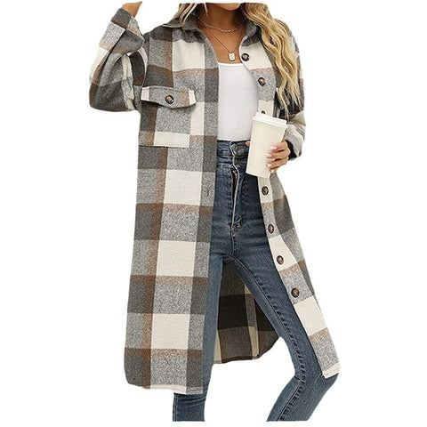 Long flannel plaid lapel button-down trench coat m300574