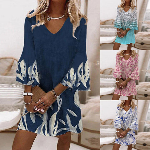 Printed V-neck 3/4 sleeve mini ladies dress m300699