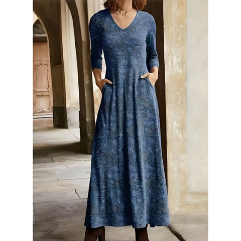 Cotton printed V-neck pocket long sleeve dress m300706