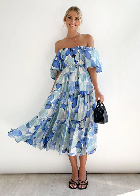 Puff Sleeve Holiday Slim Looking Long Dress off-Shoulder Printed Dress Female M300282