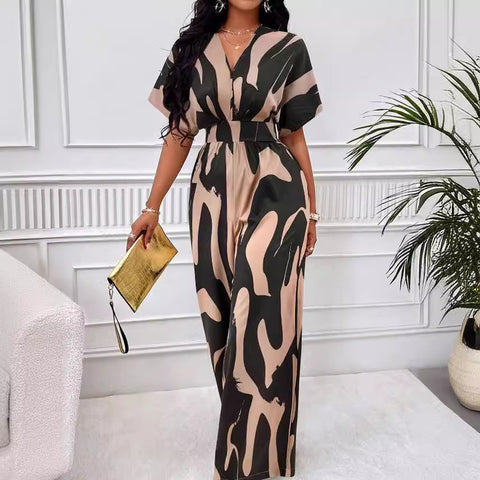 Women's full-body printed bat-sleeved wide-leg jumpsuit m300971