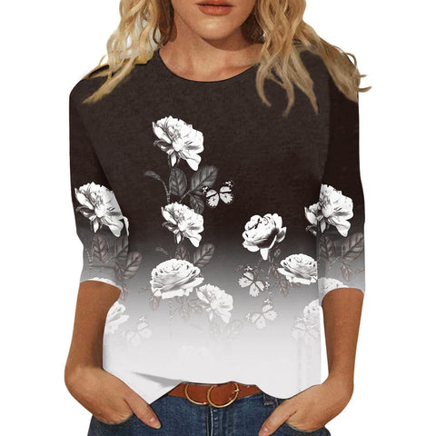 Seven-quarter sleeve plant flower 3D printing crew neck pullover m300615