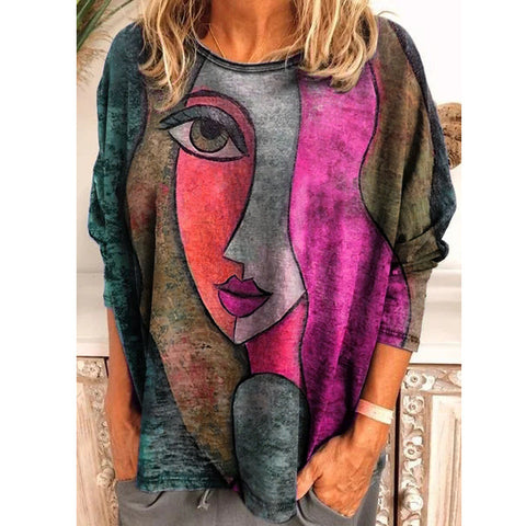 Large size women's face printing long-sleeved loose T-shirt women's m300665