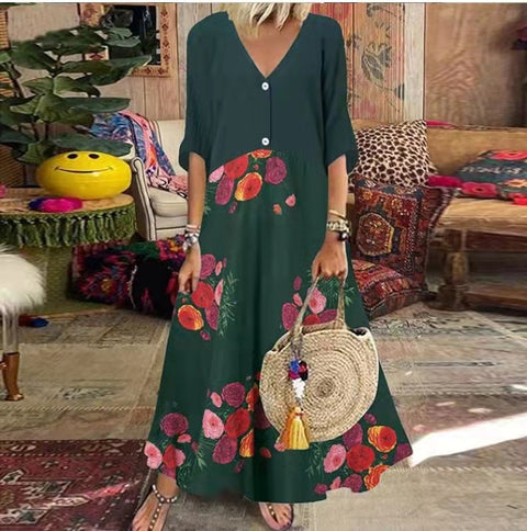 V-neck Short Sleeve Printed Long Dress Button Casual Skirt M300187