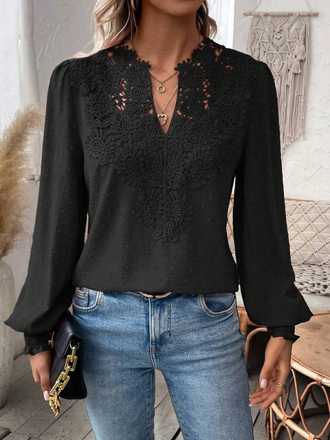 Fashion V-neck lace solid color long-sleeved casual women's top m300947