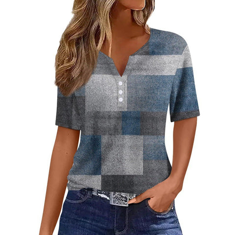 V-neck three-button 3D printed short-sleeved women's top m300617