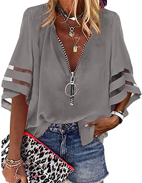 V-neck zipper shirt half-flared sleeve mesh splicing loose casual shirt women's m300887