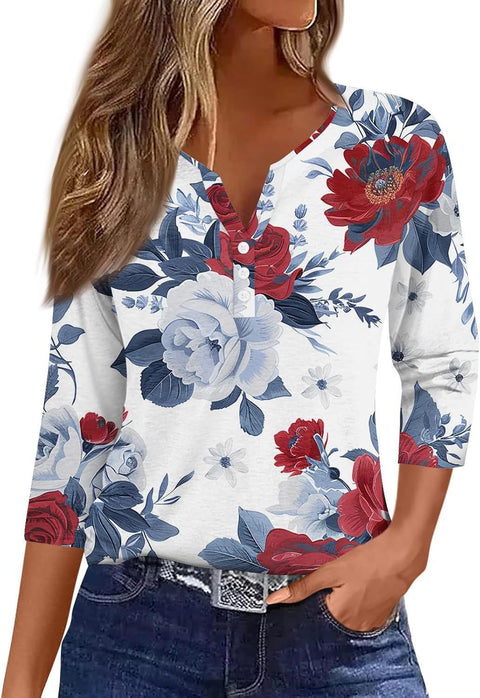 Marble pattern V-neck three-button seven-quarter sleeve women's clothing m300581