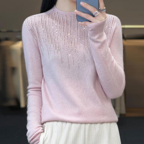 Pure wool semi-turtleneck short diamond-encrusted pullover knitted sweater m300559