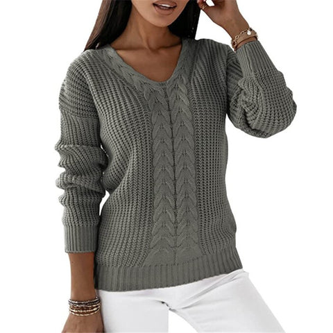 Sweater Women's Long Sleeve V-Neck Solid Color Twist Casual Knitted Pullover M300487