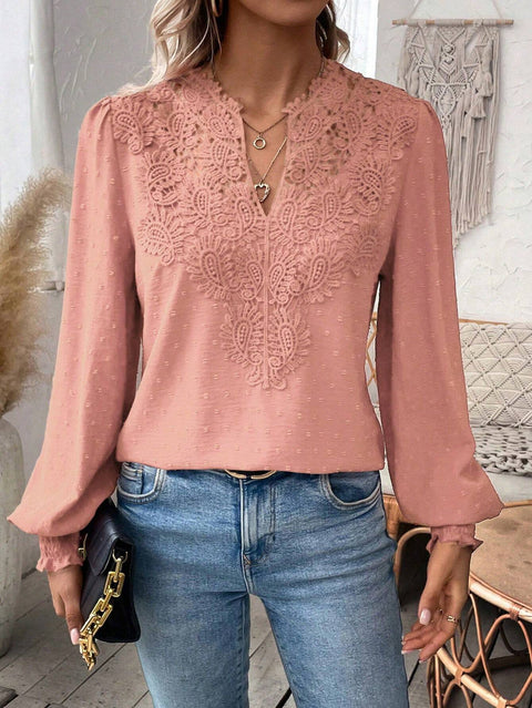 Fashion V-neck lace solid color long-sleeved casual women's top m300947