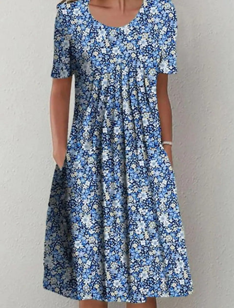 Spring/Summer Flower Printed Round Neck Pocket Mid length Dress for Women's Clothing m300037