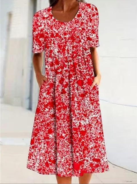 Spring/Summer Flower Printed Round Neck Pocket Mid length Dress for Women's Clothing m300037