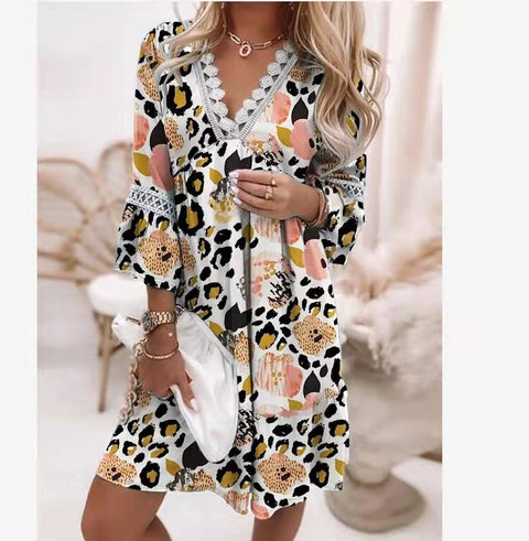 V-neck Printed Lace Stitching Bohemian Casual Vacation Style Dress M300213