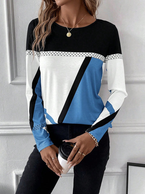 Pullover round neck contrasting color splicing geometric printed top women's T-shirt m300874