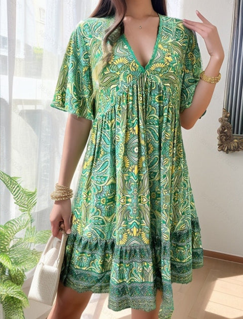 Spring and Summer Vacation Casual Printed V-neck Dress M300211