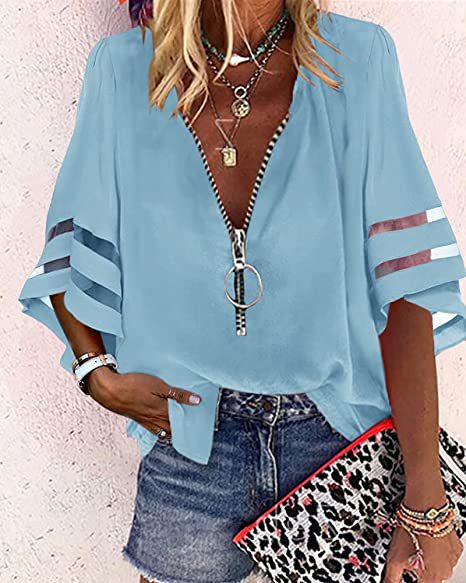 V-neck zipper shirt half-flared sleeve mesh splicing loose casual shirt women's m300887