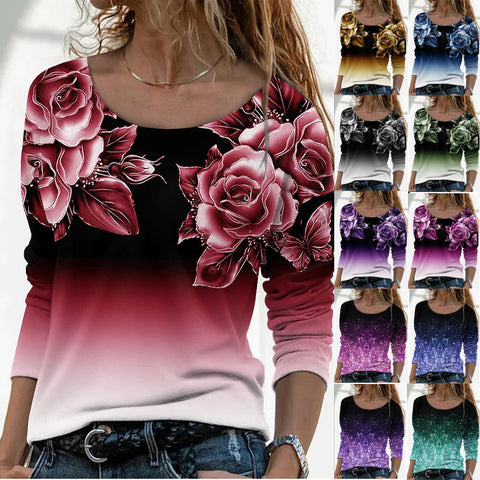 Long Sleeve Loose Crew Neck Casual Pullover 3D Printed T-Shirt Women's m300857