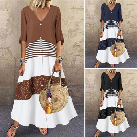 V-neck Short Sleeve Printed Long Dress Button Casual Skirt M300187