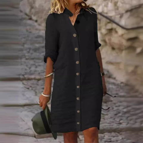 Shirt Collar Half Sleeve Large round Buckle Cotton and Linen Dress M300218