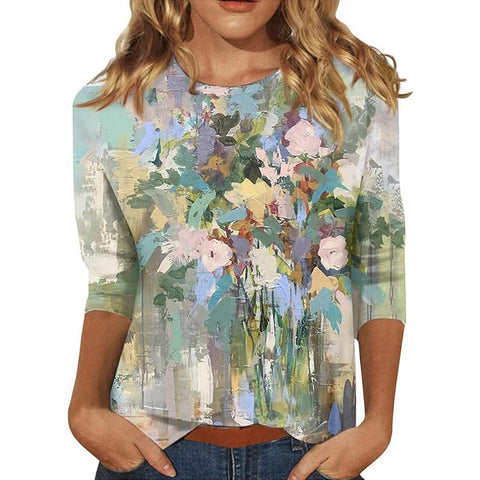 Seven-quarter sleeve plant flower 3D printing crew neck pullover m300615