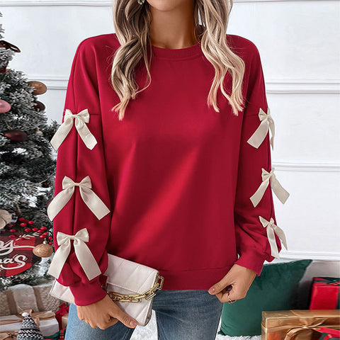 Crew neck bow red sweater women m300806