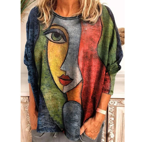 Large size women's face printing long-sleeved loose T-shirt women's m300665