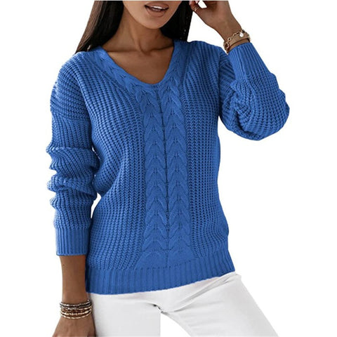 Sweater Women's Long Sleeve V-Neck Solid Color Twist Casual Knitted Pullover M300487