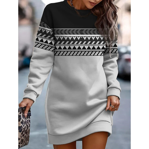 Printed contrasting color crew neck sweater dress m300862