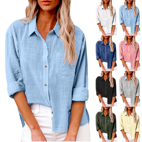 Autumn pocket long-sleeved women's cotton and linen shirt m300463