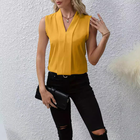 women's clothing solid color elegant temperament sleeveless vest V-neck shirt m300968