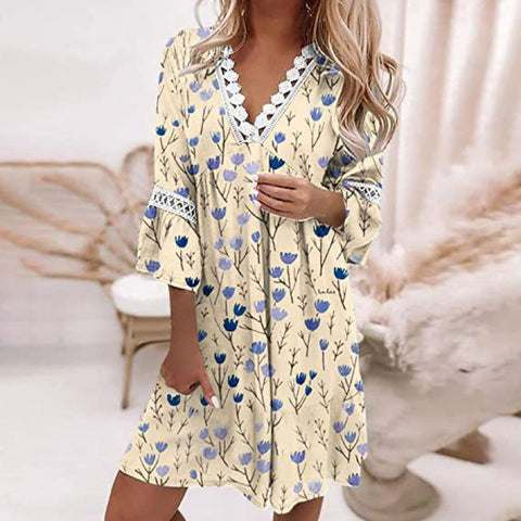 V-neck Printed Lace Stitching Bohemian Casual Vacation Style Dress M300213