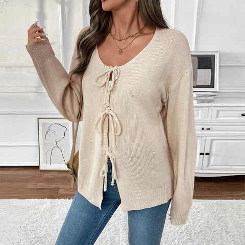 Casual loose and versatile knitted sweater lace-up solid color sweater m300793