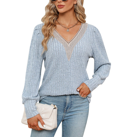 Women's V-neck lace loose pit strip polished loose long-sleeved T-shirt m300519