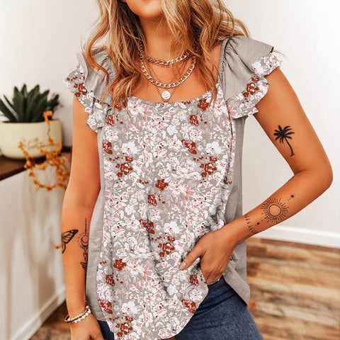 Pleated short-sleeved bohemian floral print vest t-shirt top m301034