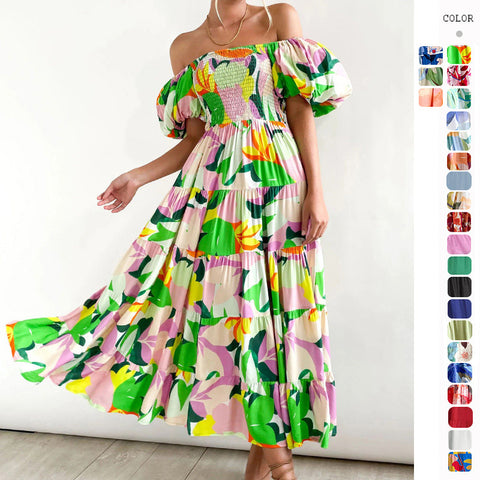 Puff Sleeve Holiday Slim Looking Long Dress off-Shoulder Printed Dress Female M300282