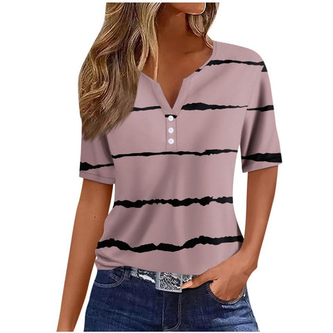 V-neck three-button 3D printed short-sleeved women's top m300617