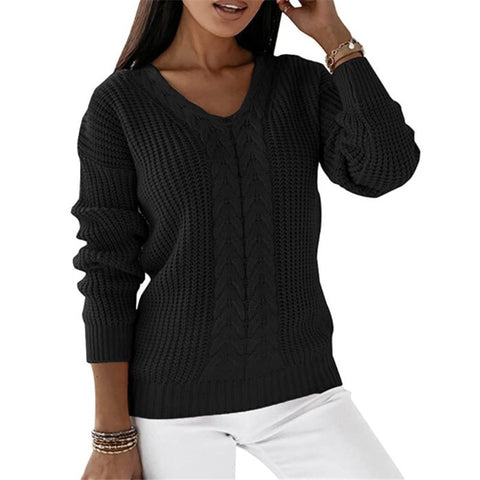 Sweater Women's Long Sleeve V-Neck Solid Color Twist Casual Knitted Pullover M300487