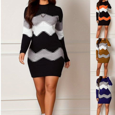 Mid-Length Skirt round Neck Long Sleeve Printed Knitted Sheath Dress M300204