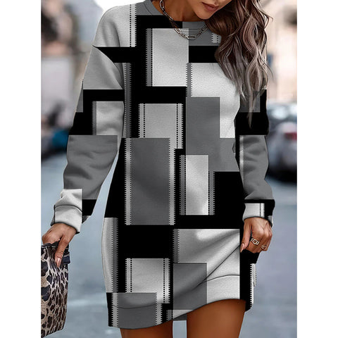 Printed contrasting color crew neck sweater dress m300862