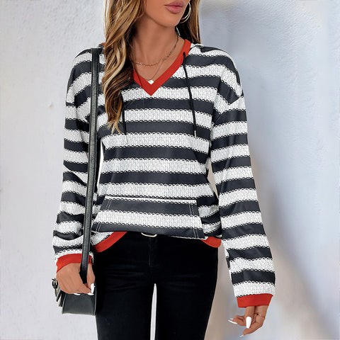 Black and white striped sweater autumn new pullover hooded casual versatile sweater women m300813