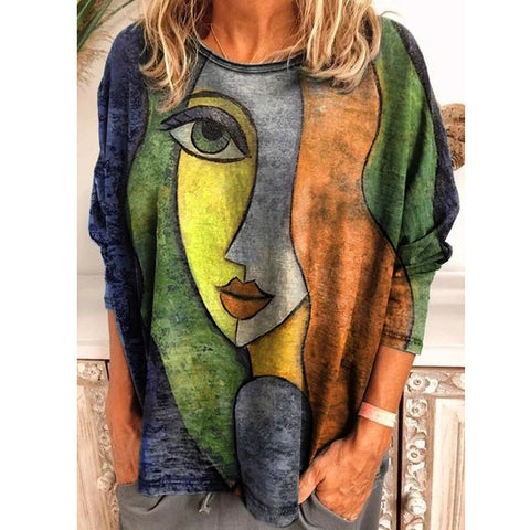 Large size women's face printing long-sleeved loose T-shirt women's m300665