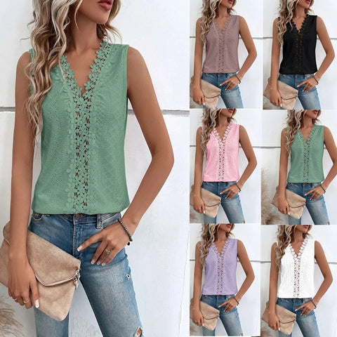 V-neck splicing hollow lace vest top women's m301003