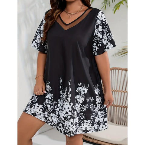 Loose Comfort and Casual Printed Stitching Mesh Short Sleeve Dress M300199