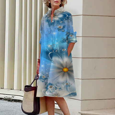 Gentle wind floral 3D digital printing single row open button shirt dress m300914